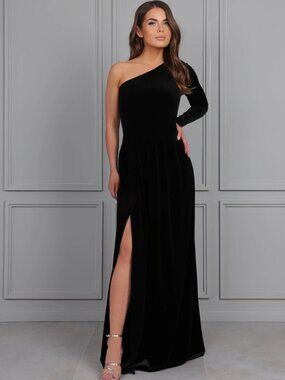 Dark Green Velvet One-Shoulder Bridesmaid Dress Formal Gown w/ Slit + Pockets